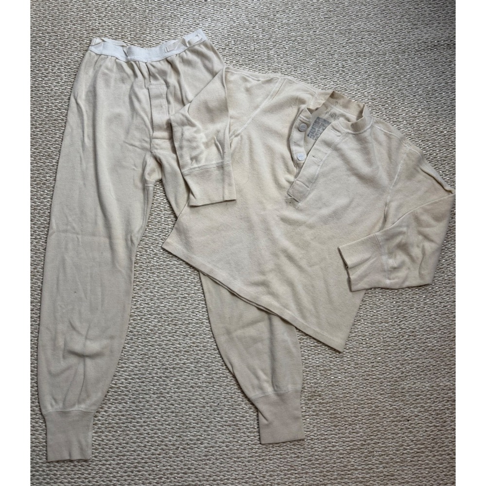 Vintage Military Thermal Long Underwear Set Henley Top Bottoms Cream Korea wool